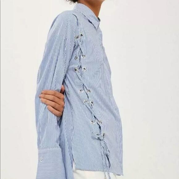 Topshop Striped Lace Up Poplin Button Down Shirt - Picture 1 of 12